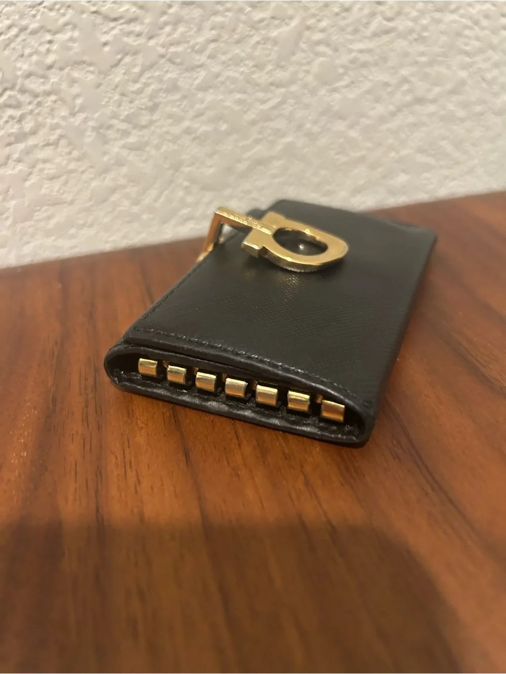 Salvatore Ferragamo Black Leather Key & Card Holder with Gold Gancini